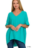 Zenana Women's V Neck Woven Airflow Dolman Short Sleeve Hi-Low Blouse Top
