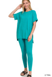 Zenana Women's Brushed DTY Microfier Round Neck Short Sleeve Hi-Low Hem & Full Length Leggings Loungewear Set