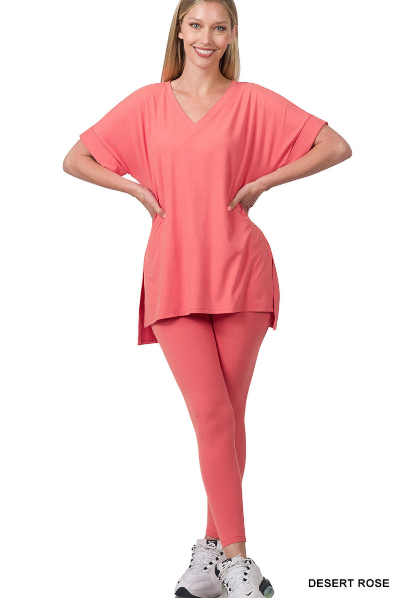 Zenana Plus V-Neck Short Sleeve & Leggings Comfy Loungewear Activewear –