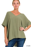 Zenana Women's V Neck Woven Airflow Dolman Short Sleeve Hi-Low Blouse Top