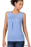 Women's Slim Fit Round Neck Sleeveless Front Neck Pleated Blouse Tops w/Keyhole Back