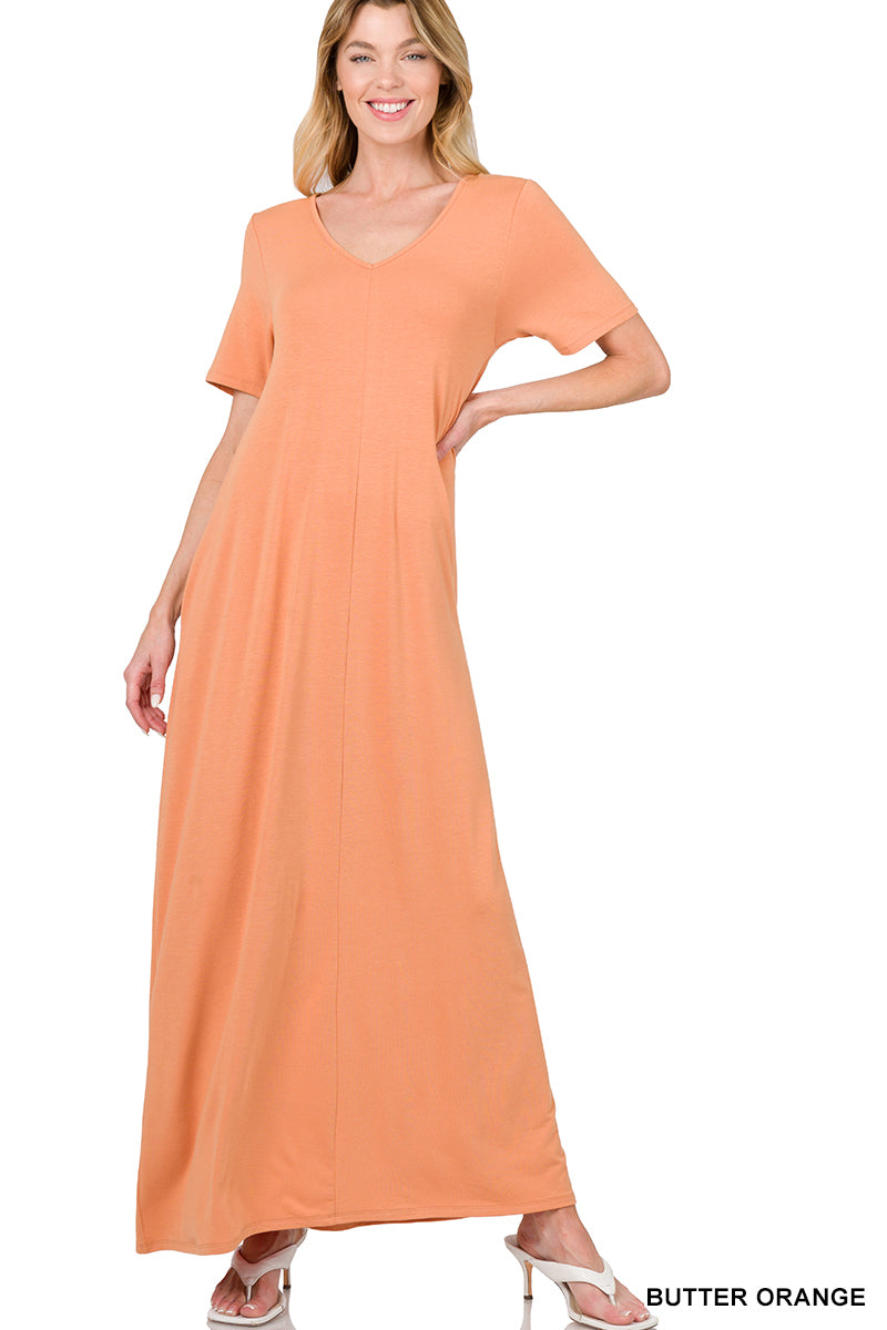 Zenana Plus Size Relaxed Fit V-Neck Short Sleeve Full Length Maxi Long Dress w/ Side Pockets