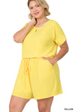Plus Size Short Sleeve Romper with Elastic Waist & Keyhole Back Summer Loungewear