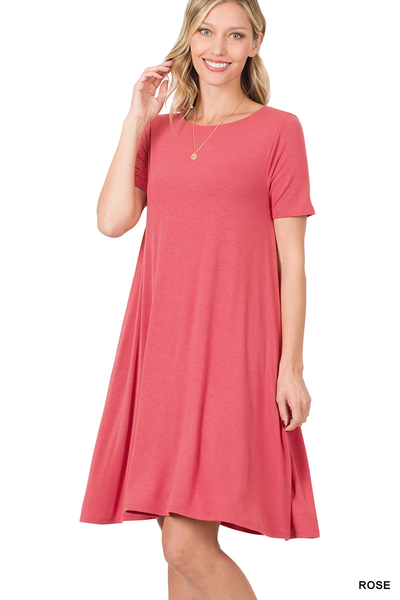 Plus Size Short Sleeve Flared T-Shirt Midi Dress with Side Pockets
