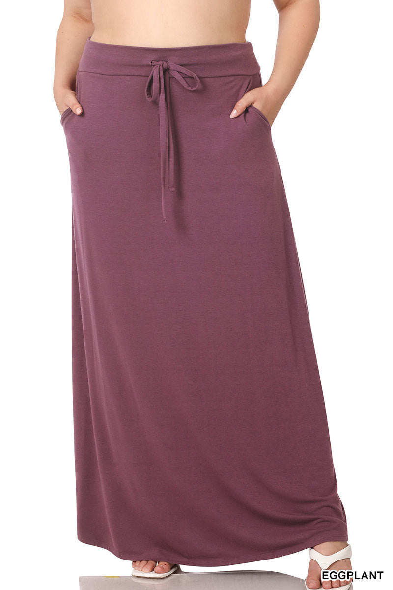 Women Relaxed Drawstring Waist Draped Basic Maxi Skirts with Side Pockets