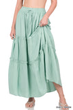 Women Boho Elastic Drawstring Waist Tiered Ruffle A-Line Woven Maxi Skirt