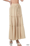 Women Boho Elastic Drawstring Waist Tiered Ruffle A-Line Woven Maxi Skirt
