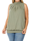 Plus Sleeveless Mockneck Turtleneck Pleated Blouse Top with Waistband