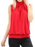 Women Sleeveless Mock-TurtleNeck Pleated Blouse Top with Waistband