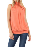 Plus Sleeveless Mockneck Turtleneck Pleated Blouse Top with Waistband