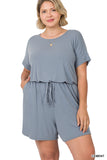 Plus Size Short Sleeve Romper with Elastic Waist & Keyhole Back Summer Loungewear