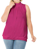 Plus Sleeveless Mockneck Turtleneck Pleated Blouse Top with Waistband