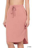 Plus Size Elastic Waist Self-Tie Knee Length Tulip Hem Midi Skirt with Side Pockets