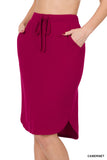 Plus Size Elastic Waist Self-Tie Knee Length Tulip Hem Midi Skirt with Side Pockets