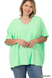 Plus Size V Neck Woven Airflow Dolman Short Sleeve Blouse Top with Front Pocket and Relaxed Fit