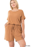 Plus Size Short Sleeve Romper with Elastic Waist & Keyhole Back Summer Loungewear