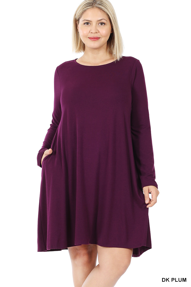 Plus Size Long Sleeve Jersey Flared Swing T-Shirt Tunic Dress with Side  Pockets