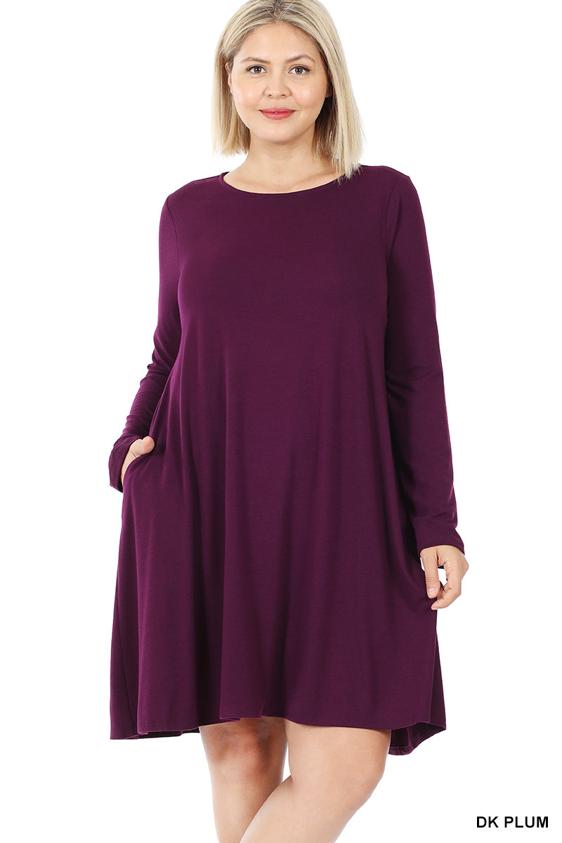Plus Size Long Sleeve Jersey Flared Swing T-Shirt Tunic Dress with Side Pockets