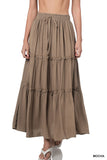 Women Boho Elastic Drawstring Waist Tiered Ruffle A-Line Woven Maxi Skirt