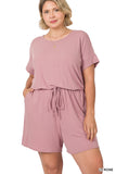 Plus Size Short Sleeve Romper with Elastic Waist & Keyhole Back Summer Loungewear