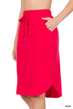 Plus Size Elastic Waist Self-Tie Knee Length Tulip Hem Midi Skirt with Side Pockets