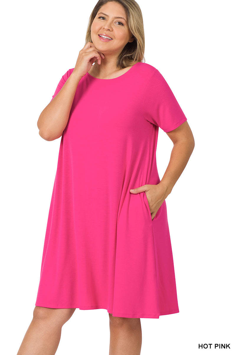 Plus Size Short Sleeve Flared T-Shirt Midi Dress with Side Pockets Plus Size Short Sleeve Flared T-Shirt Midi Dress with Side Pockets