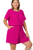 Plus Size Short Sleeve Romper with Elastic Waist & Keyhole Back Summer Loungewear