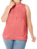 Plus Sleeveless Mockneck Turtleneck Pleated Blouse Top with Waistband