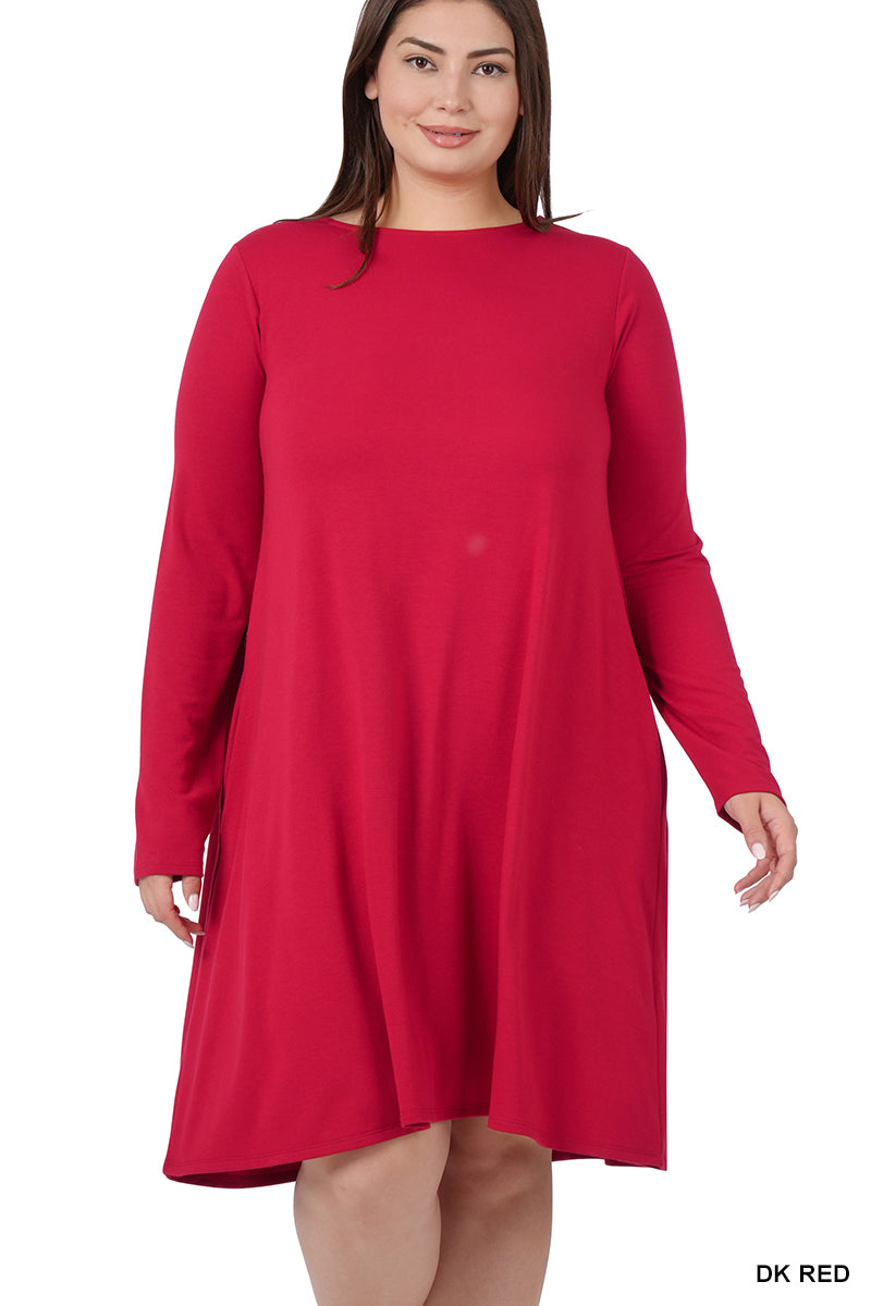 Women Long Sleeve Jersey Flared Swing T-Shirt Tunic Dress with Side Pockets Women Long Sleeve Jersey Flared Swing T-Shirt Tunic Dress with Side Pockets