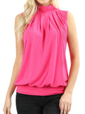 Plus Sleeveless Mockneck Turtleneck Pleated Blouse Top with Waistband