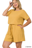 Plus Size Short Sleeve Romper with Elastic Waist & Keyhole Back Summer Loungewear