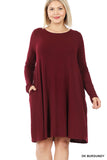 Plus Size Long Sleeve Jersey Flared Swing T-Shirt Tunic Dress with Side Pockets