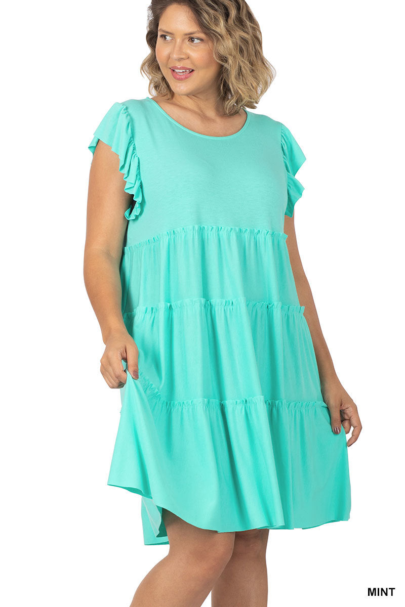 Rainlin Women Casual Plus Size Summer Tops Ruffle Short Sleeve Tunic Shirt  Round Neck Tiered Pleated Mini Dress