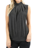 Women Sleeveless Mock-TurtleNeck Pleated Blouse Top with Waistband