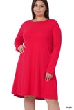 Plus Size Long Sleeve Jersey Flared Swing T-Shirt Tunic Dress with Side Pockets