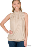 Women Sleeveless Mock-TurtleNeck Pleated Blouse Top with Waistband