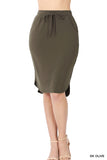 Women Elastic Waist Self-Tie Knee Length Tulip Hem Midi Skirt with Side Pockets