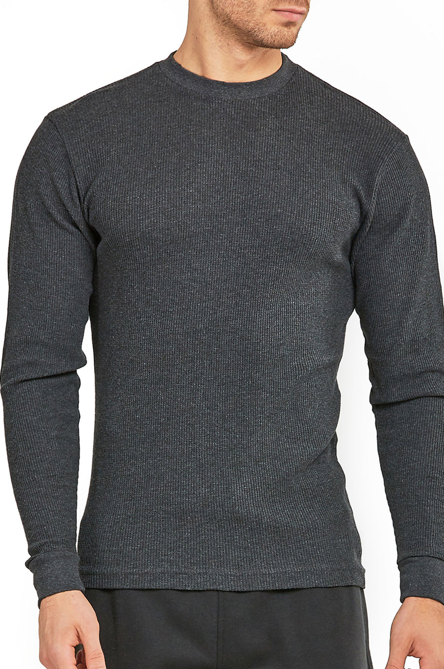 Men's Classic Waffle Knit Heavyweight Cotton Long Sleeve Thermal T-Shirt  Top - Charcoal / S