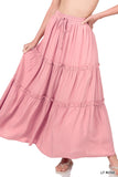 Women Boho Elastic Drawstring Waist Tiered Ruffle A-Line Woven Maxi Skirt