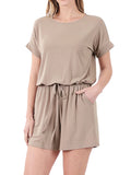 Plus Size Short Sleeve Romper with Elastic Waist & Keyhole Back Summer Loungewear