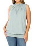 Plus Sleeveless Mockneck Turtleneck Pleated Blouse Top with Waistband