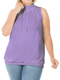 Plus Sleeveless Mockneck Turtleneck Pleated Blouse Top with Waistband