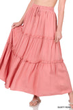 Women Boho Elastic Drawstring Waist Tiered Ruffle A-Line Woven Maxi Skirt