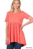 Zenana Women Round Neck Brushed DTY Short Sleeve Ruched Tunic Blouse Top