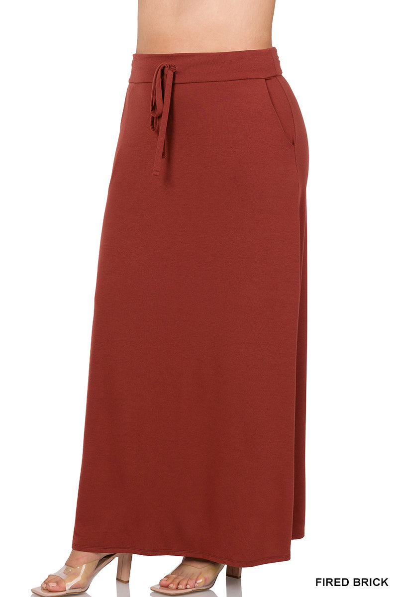 Plus Relaxed Drawstring Waist Draped Basic Maxi Skirts with Side Pockets