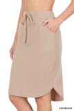 Plus Size Elastic Waist Self-Tie Knee Length Tulip Hem Midi Skirt with Side Pockets