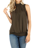 Women Sleeveless Mock-TurtleNeck Pleated Blouse Top with Waistband