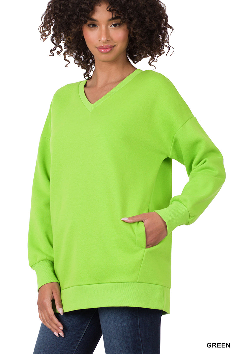 Plus Size Basic Relaxed Long Sleeve V-Neck Sweatshirts w/Side Pockets