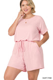 Plus Size Short Sleeve Romper with Elastic Waist & Keyhole Back Summer Loungewear