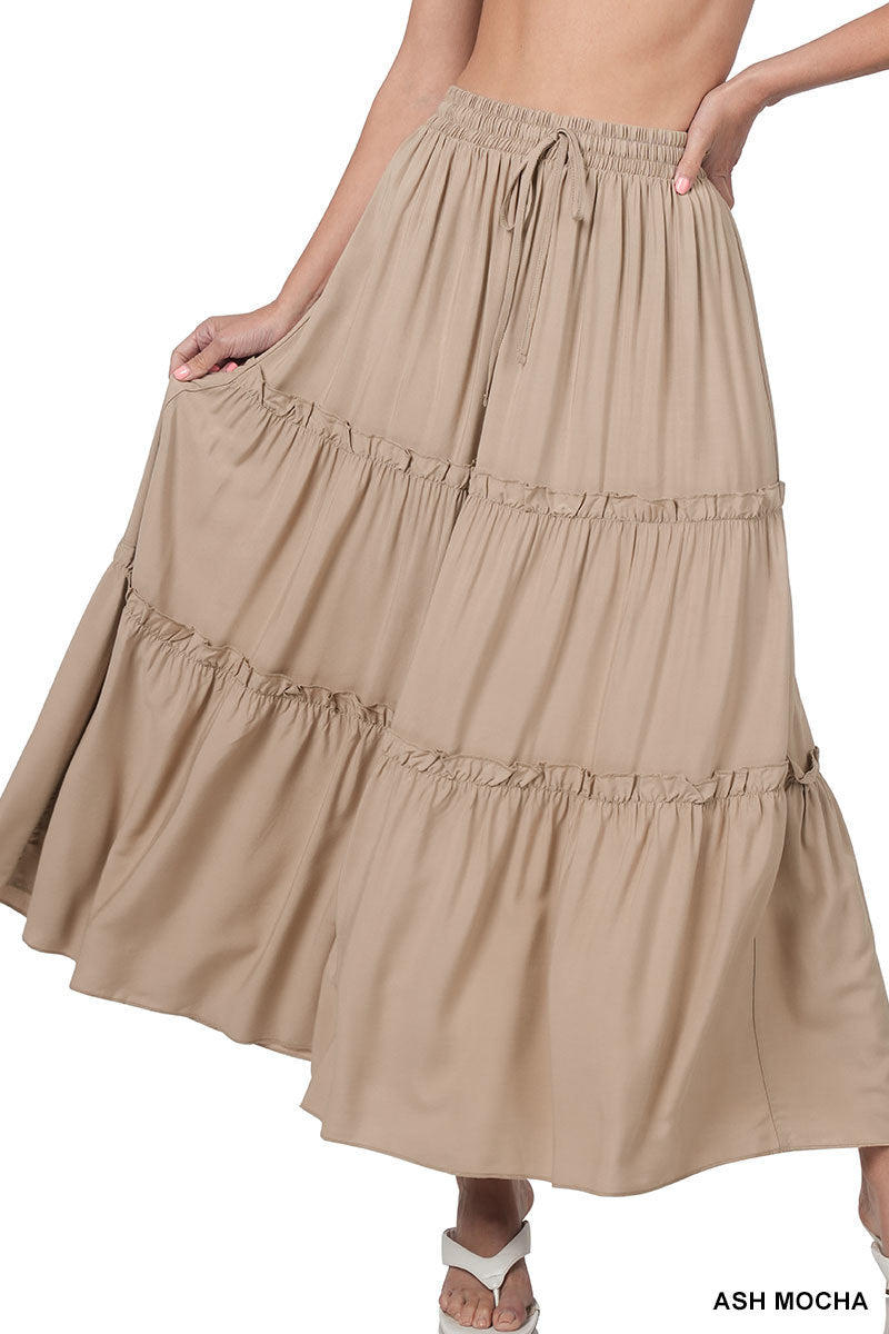 Women Boho Elastic Drawstring Waist Tiered Ruffle A-Line Woven Maxi Skirt